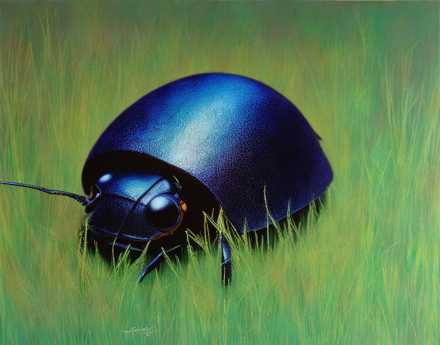 Detailed painting: Dark blue beetle on vibrant green grass