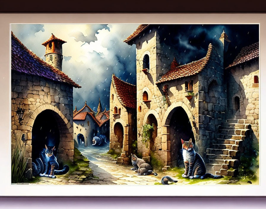 Medieval village painting with stone houses, arched doorways, and lounging cats