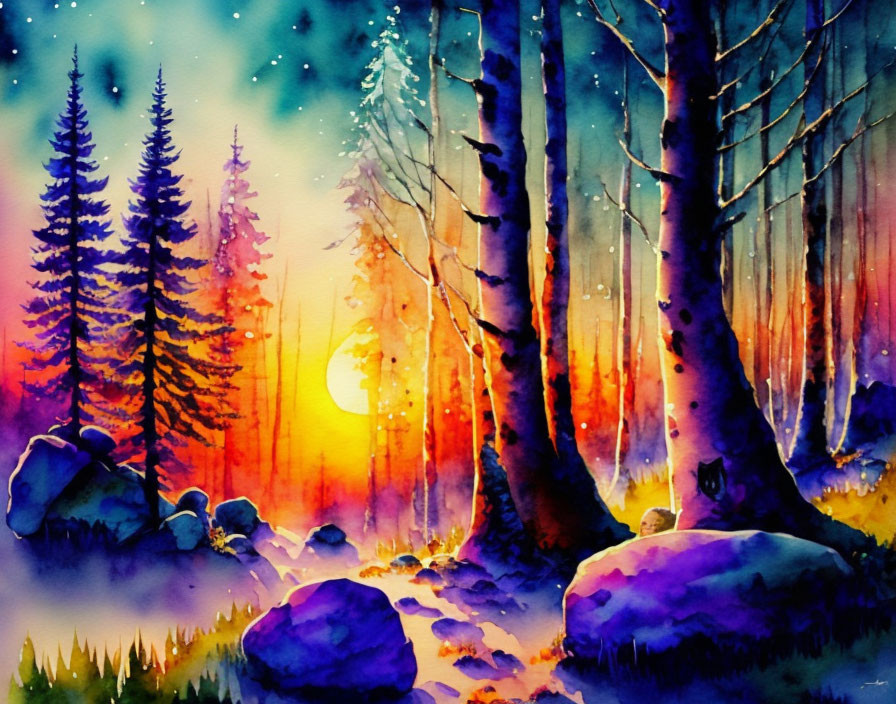 Colorful Watercolor Painting: Forest Sunset with Silhouetted Trees