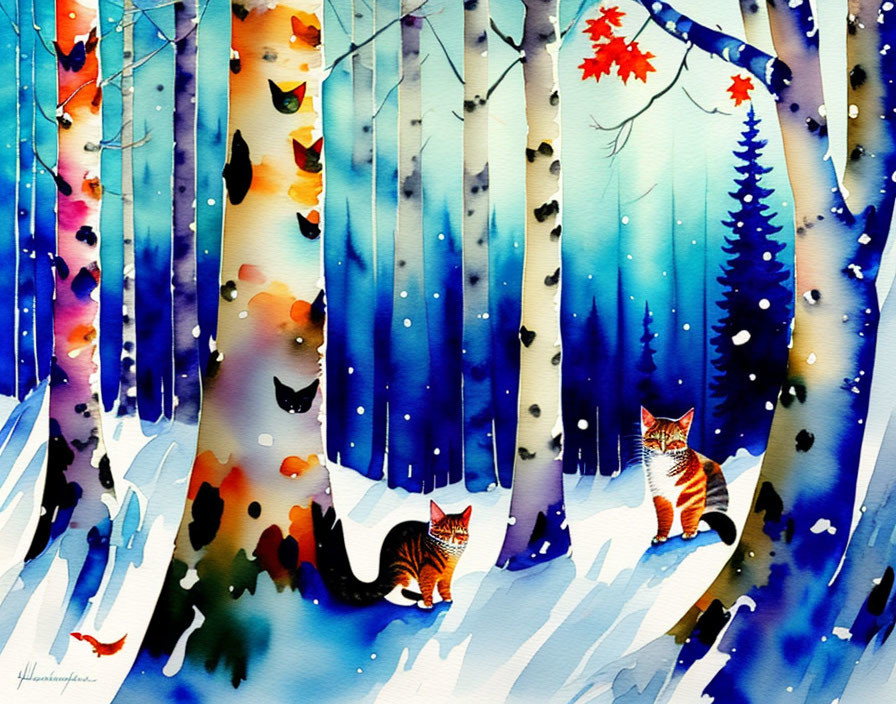 Whimsical winter forest watercolor with cats & colorful leaves