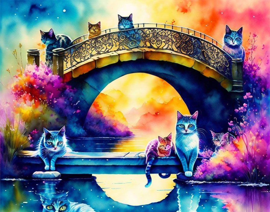 Colorful Painting of Cats on Whimsical Bridge surrounded by Lush Foliage