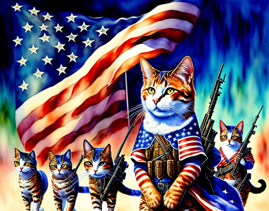 Colorful Illustration: Five Cats in Military Attire with American Flag