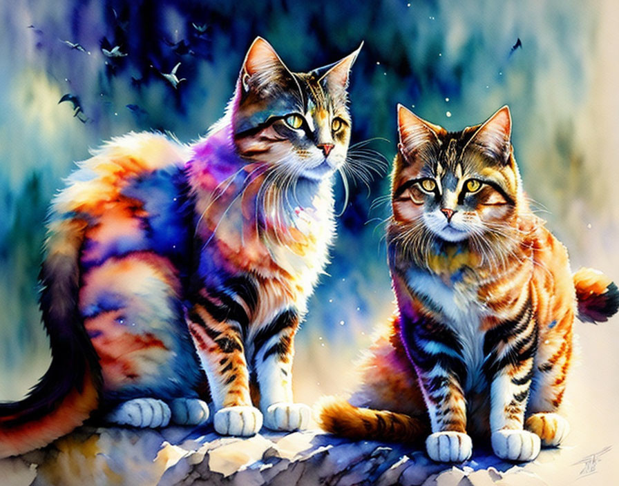 Vibrantly painted cats side by side against nature backdrop