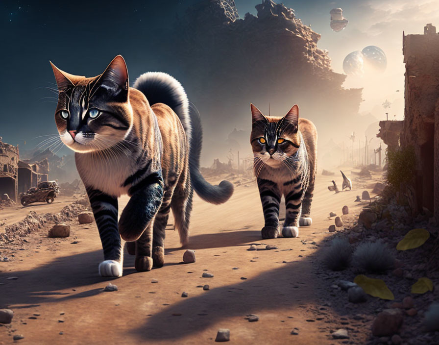 Two large cats on deserted street with futuristic structures and post-apocalyptic backdrop