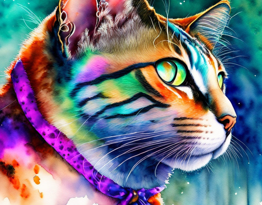 Colorful Digital Artwork of a Cat with Vibrant Hues and Green Eye