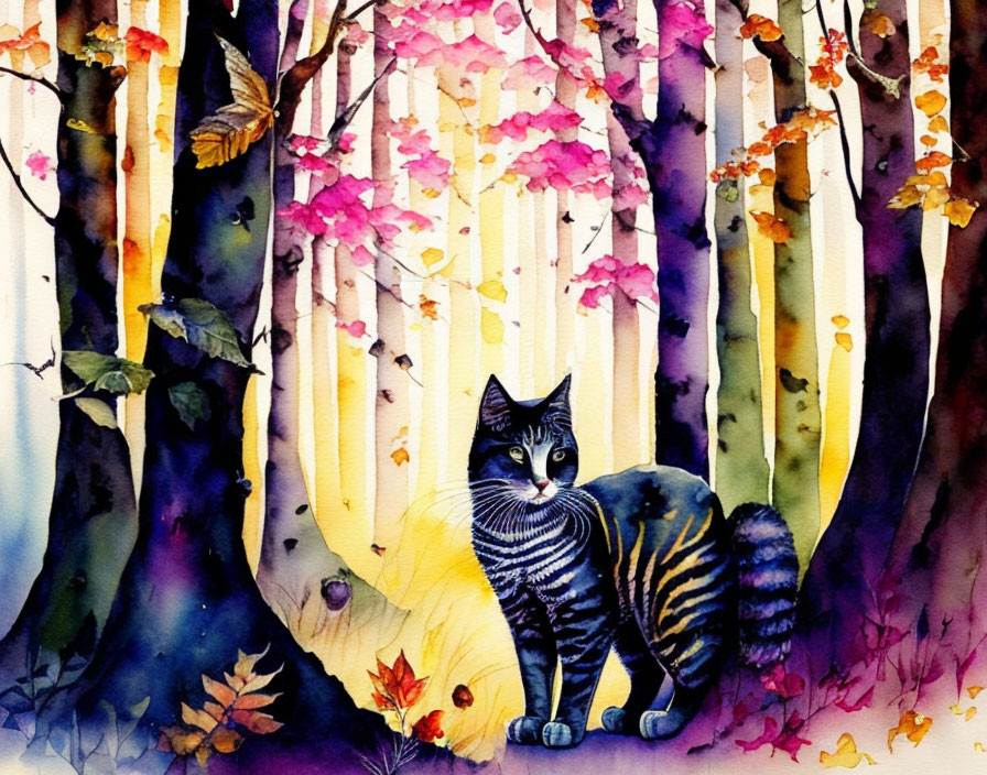 Colorful Watercolor Painting: Tabby Cat in Mystical Forest