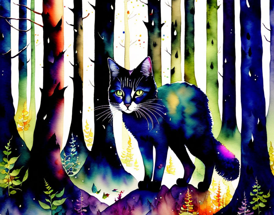 Colorful Watercolor Cat Illustration in Forest Setting