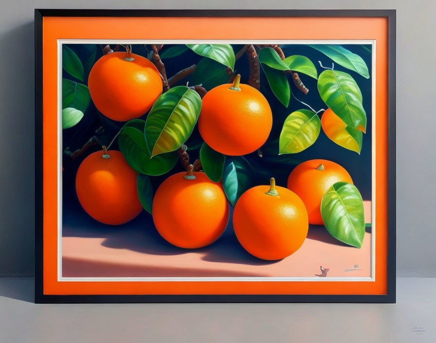 Realistic oranges painting with green leaves on pale background