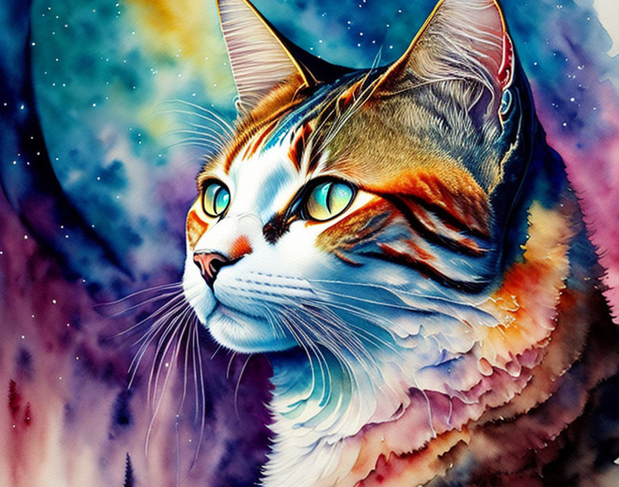 Colorful Cat Artwork with Cosmic Starry Background