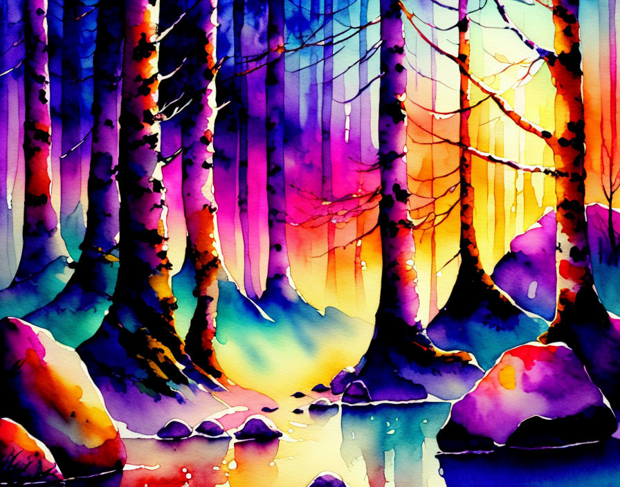 Colorful Watercolor Painting of Whimsical Forest Landscape