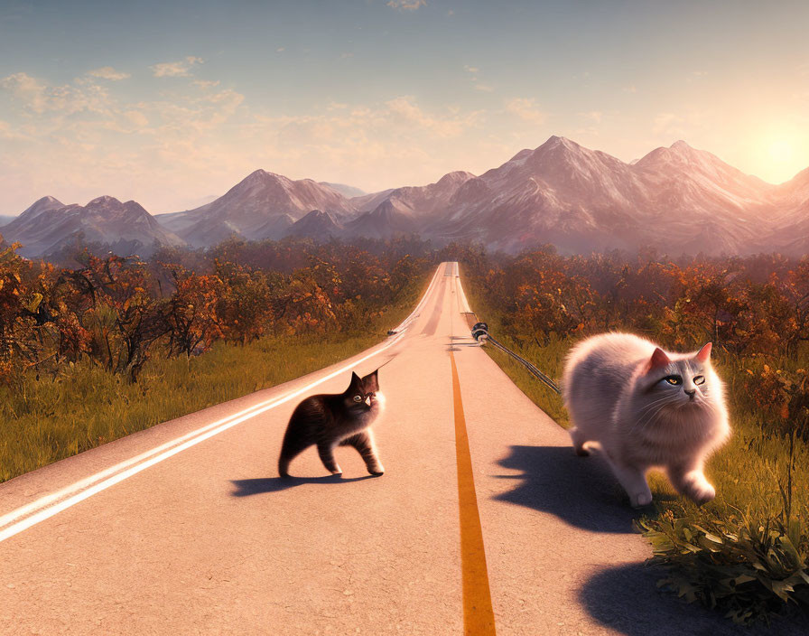 Digital artwork: Oversized black kitten & white fluffy cat on road with scenic mountains & sunset