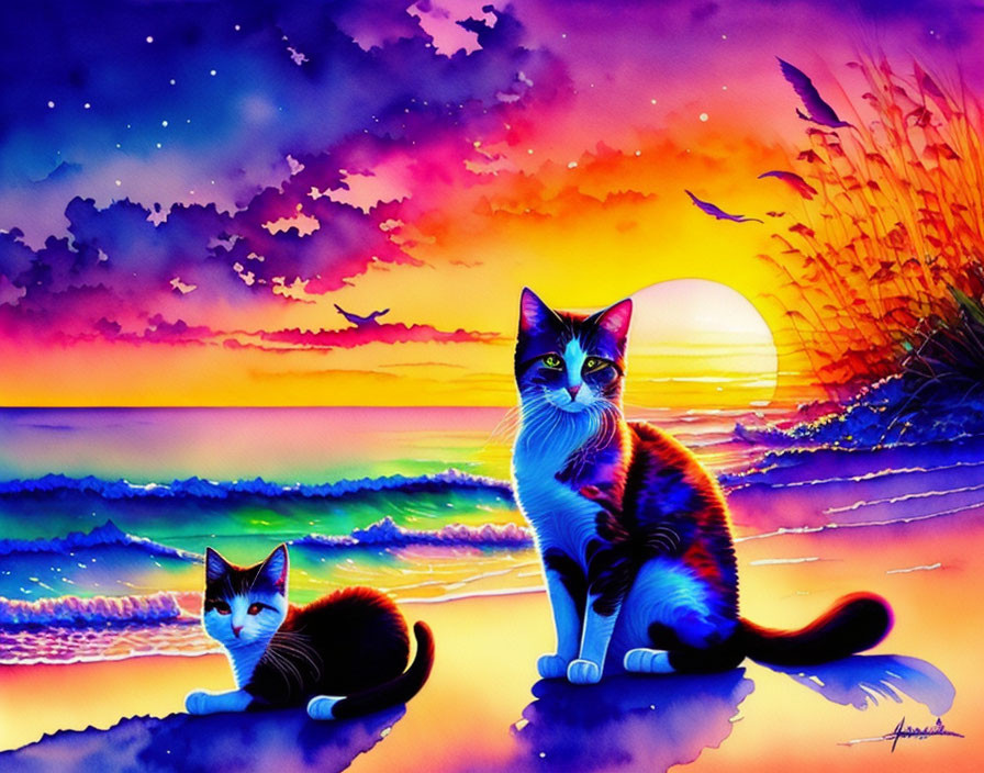 Vibrant multicolored cats in surreal sunset by the sea