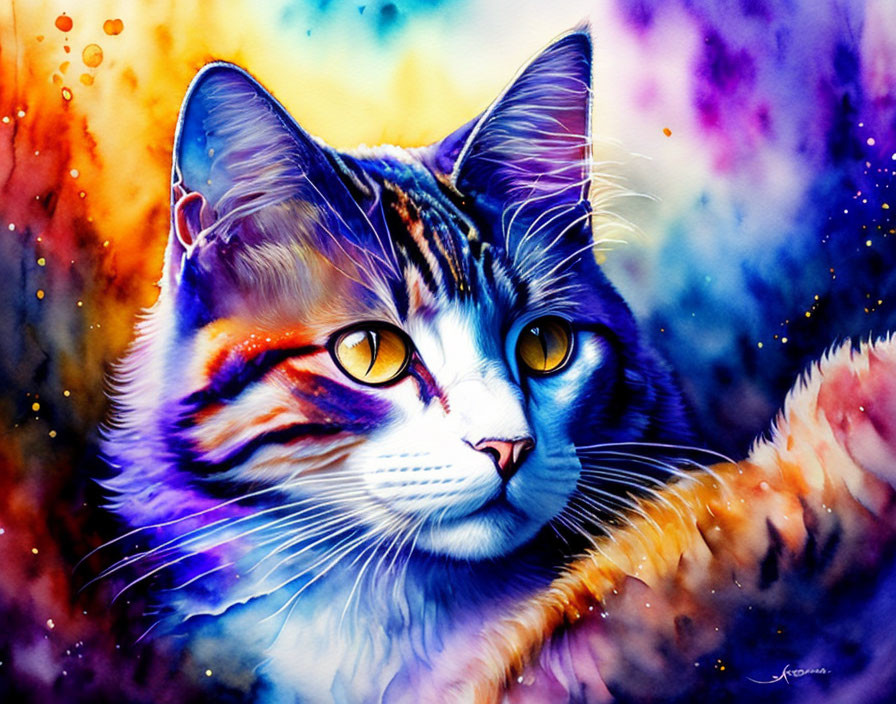 Colorful Watercolor Painting: Cat with Yellow Eyes in Cosmic Background