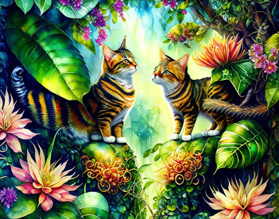 Vibrant tabby cats in lush foliage with colorful flowers