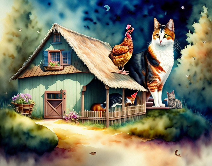 Whimsical illustration of anthropomorphic cat, small cats, and rooster by rustic cottage