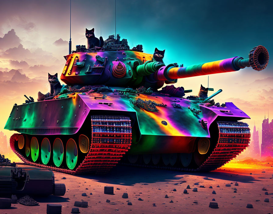 Vibrant futuristic tank with cat designs in post-apocalyptic setting