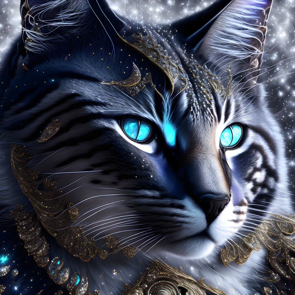 Majestic cat with blue eyes in cosmic setting