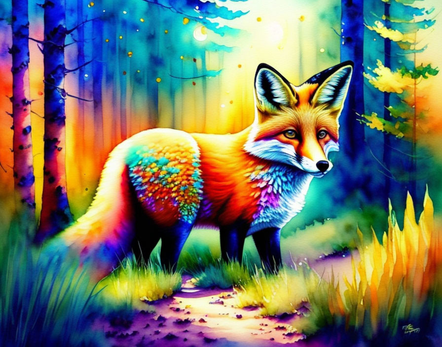 Colorful Fox in Magical Forest Watercolor Illustration