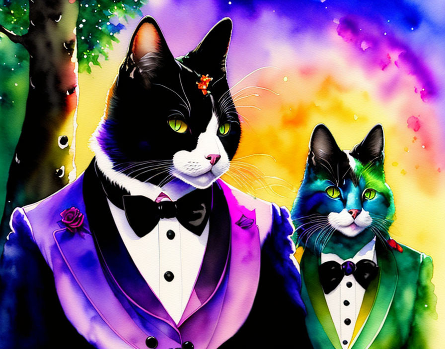 Elegant tuxedo-clad cats on vibrant watercolor backdrop