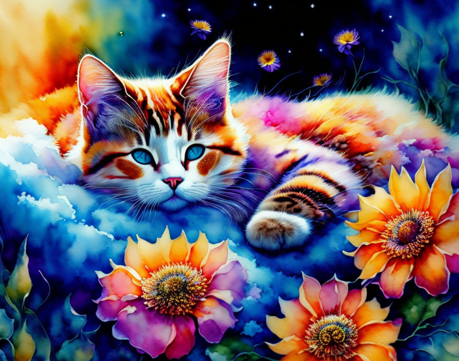 Colorful Painting of Cat with Blue Eyes in Orange Flowers and Starry Background