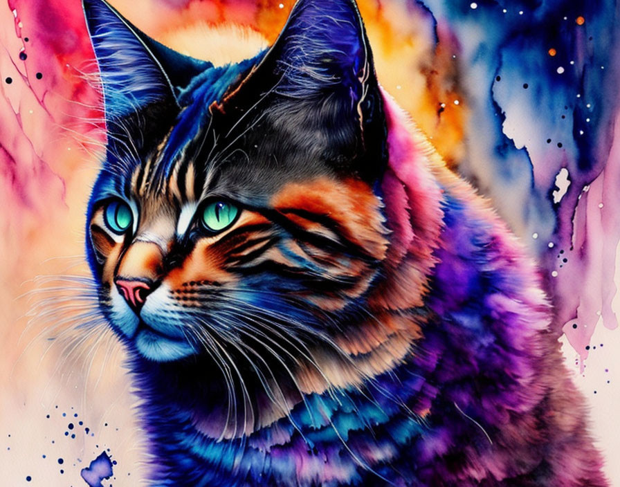 Colorful Cat with Green Eyes on Abstract Rainbow Background