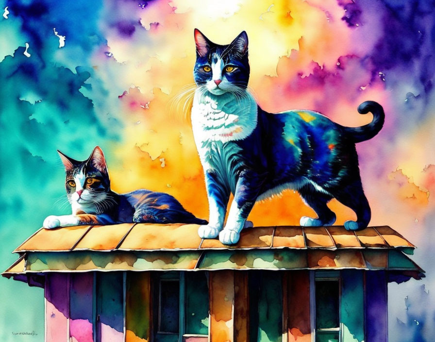 Vibrant Cats on Whimsical Wooden Structure in Rainbow Background