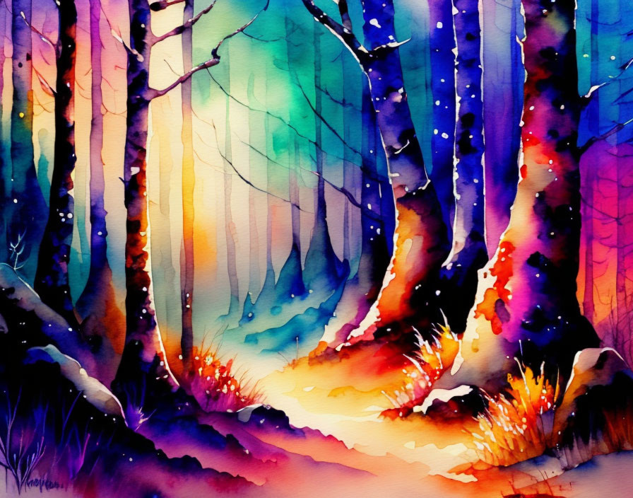 Colorful Watercolor Painting of Whimsical Forest with Glowing Path