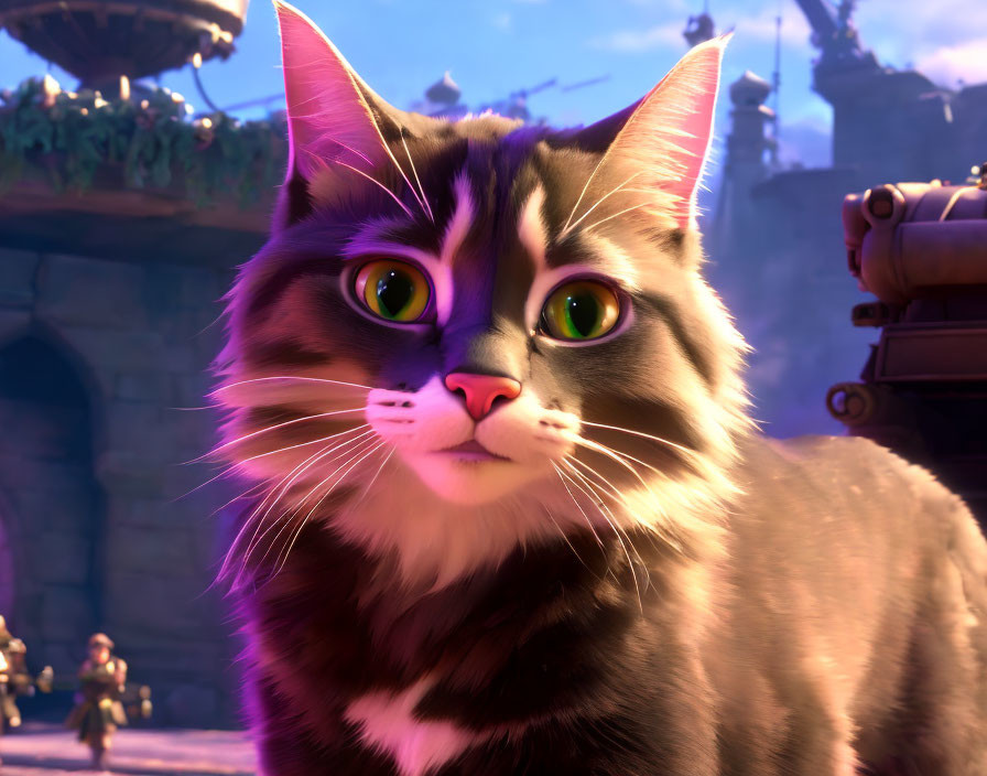 Computer-generated tabby cat with green eyes in fantasy castle setting