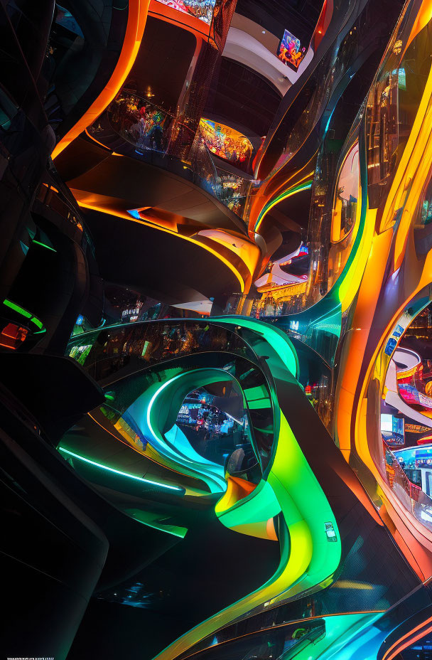 Vibrant neon lights in futuristic mall interior