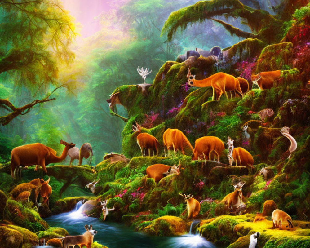 Enchanted forest scene with diverse animals by a stream