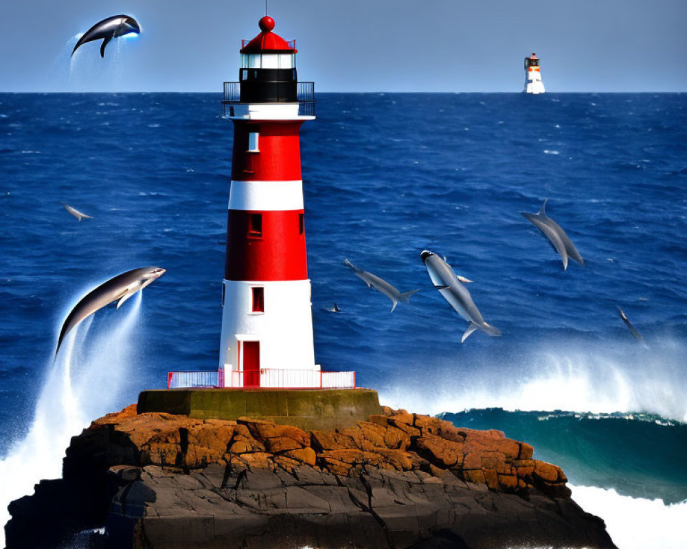 Striped red and white lighthouse on rocky outcrop by the sea with crashing waves and flying birds