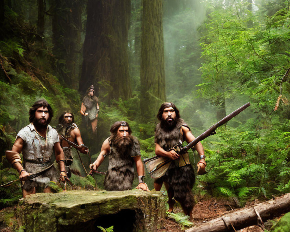 Prehistoric hunters actors with spears in misty forest