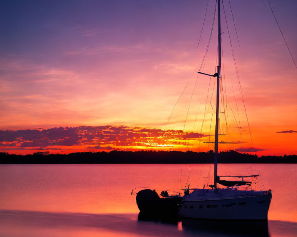 Silhouetted sailboat against vibrant purple, orange, and yellow sunset.