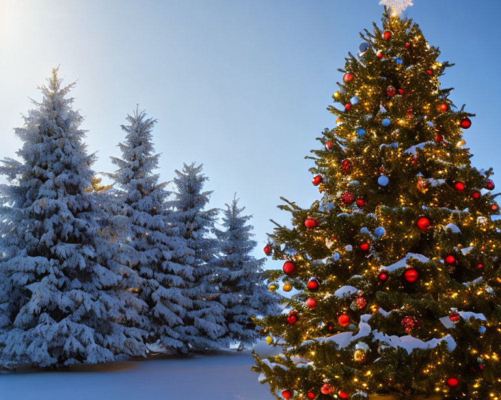 Decorated Christmas tree with lights in snowy forest landscape