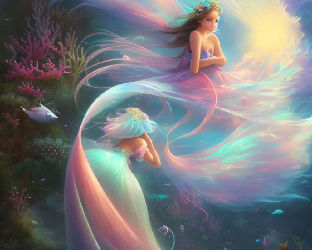 Ethereal mermaids with flowing hair in vibrant underwater scene