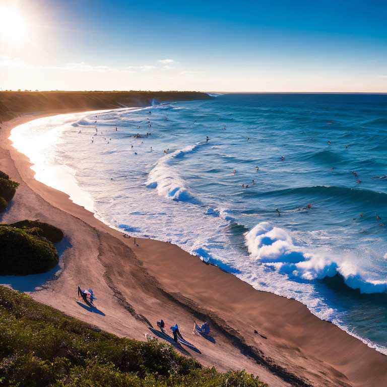 Scenic beach with surfers, crashing waves, and sunny sky