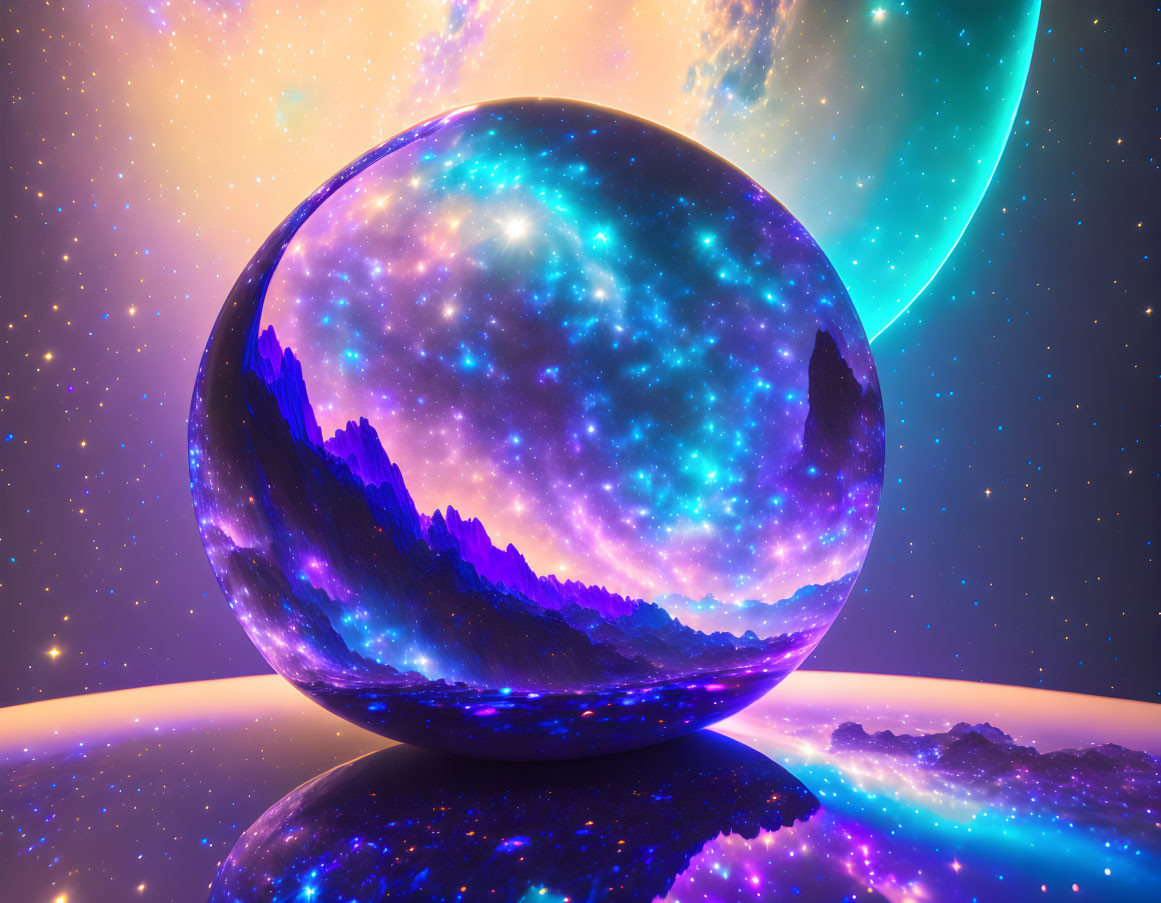 Vibrant cosmic landscape with crystal sphere and starry sky