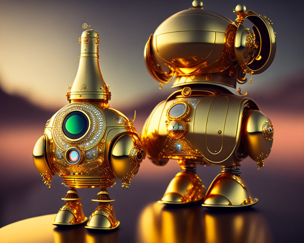 Ornate Golden Robots with Intricate Designs on Dusky Sky Background