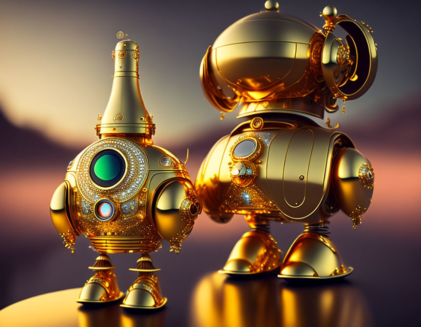 Ornate Golden Robots with Intricate Designs on Dusky Sky Background