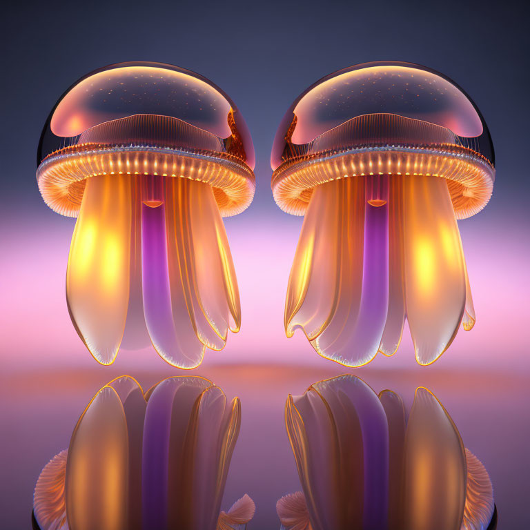 Bioluminescent orange and purple jellyfish on reflective surface at dusk