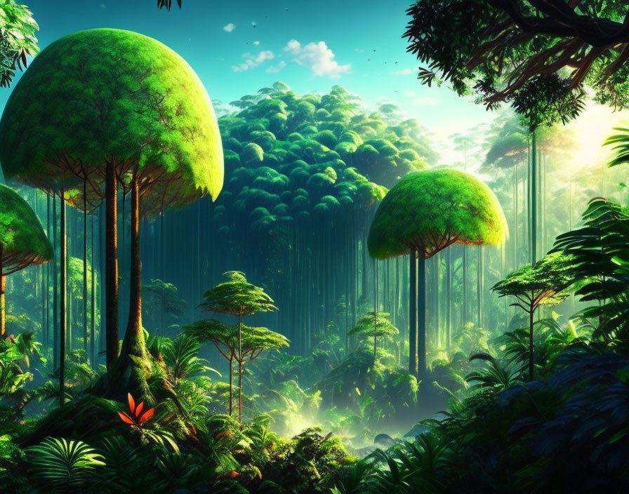 Majestic fantasy forest with towering trees and vibrant greenery