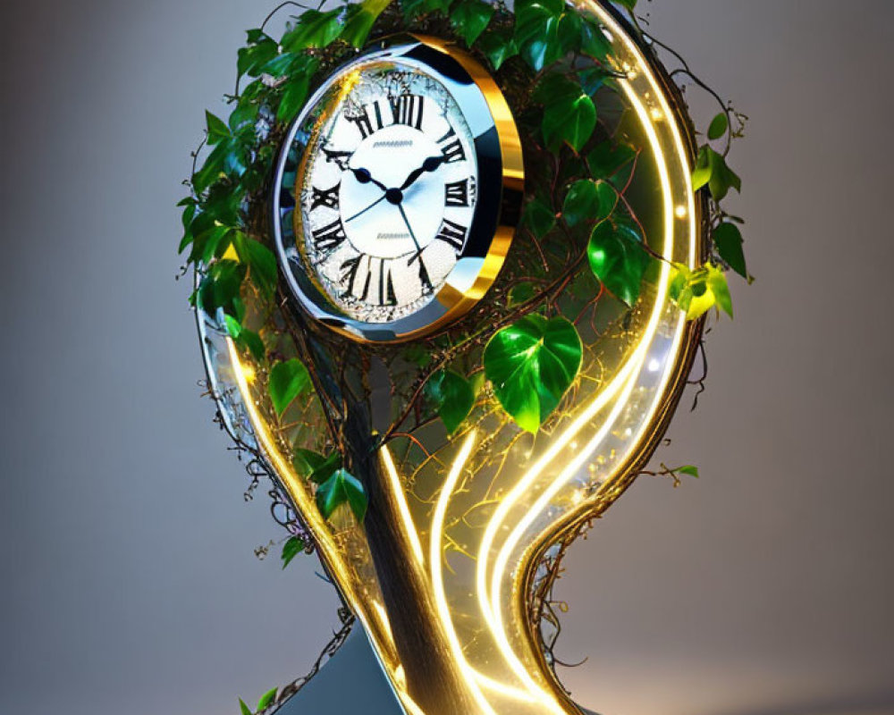 Surreal golden clock with vines and leaves on white face against gray background