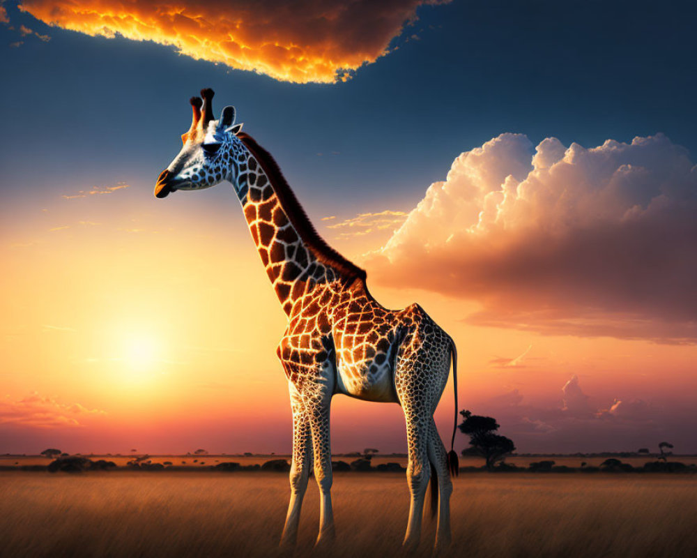 Giraffe in savanna at sunset with dramatic clouds