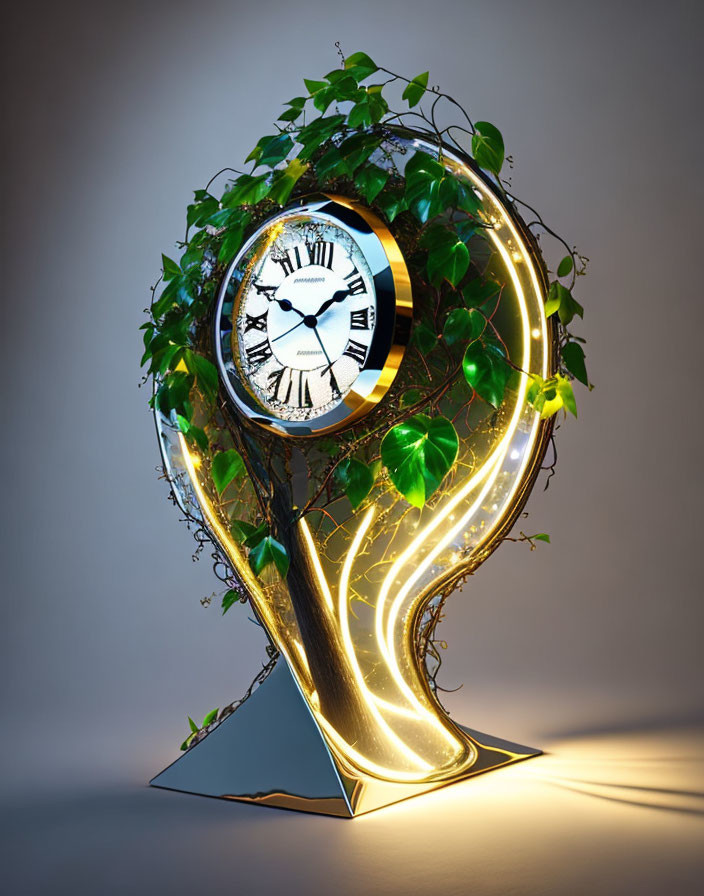 Surreal golden clock with vines and leaves on white face against gray background