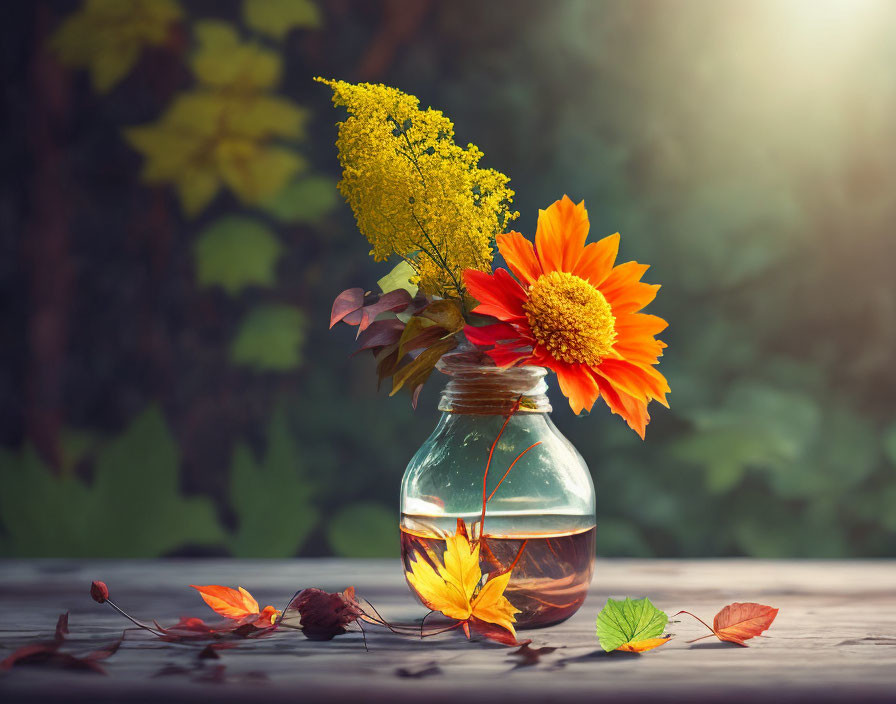 Glass Vase with Orange Flower, Yellow Blooms, and Autumn Leaves in Forest Setting