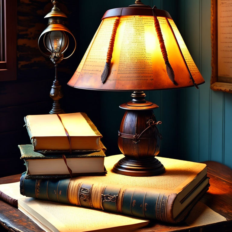 Vintage Table Lamp Lighting Old Hardcover Books in Dark Room