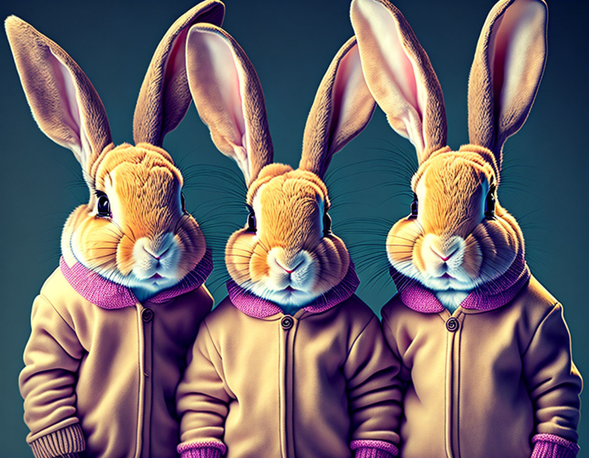 Anthropomorphic rabbits in purple and gold jackets against dark background