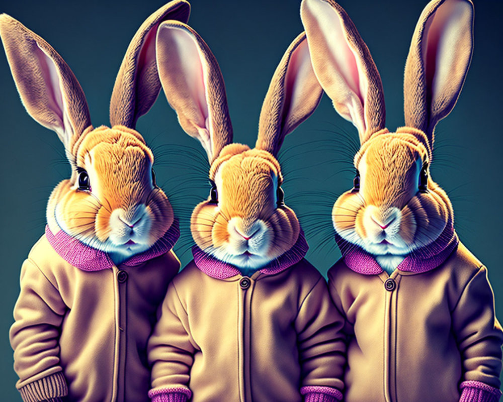 Anthropomorphic rabbits in purple and gold jackets against dark background