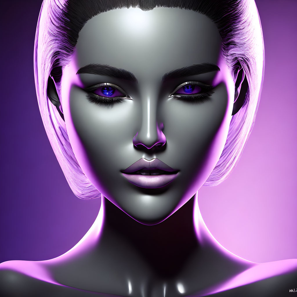 Digital art portrait of female figure with purple skin, violet eyes, white hair on purple background