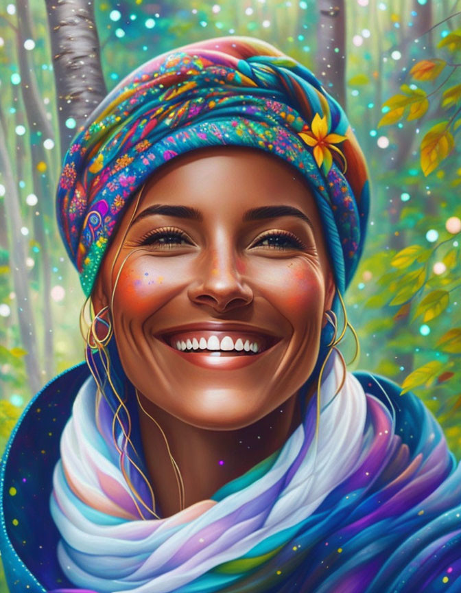 Colorful digital portrait of a smiling woman in headscarf against whimsical forest backdrop